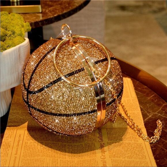 Gripit Women Bling Basketball Purse Diamond Accent Round  Large Gold Black basketball rhinestone crystal clutch purse March Madness
